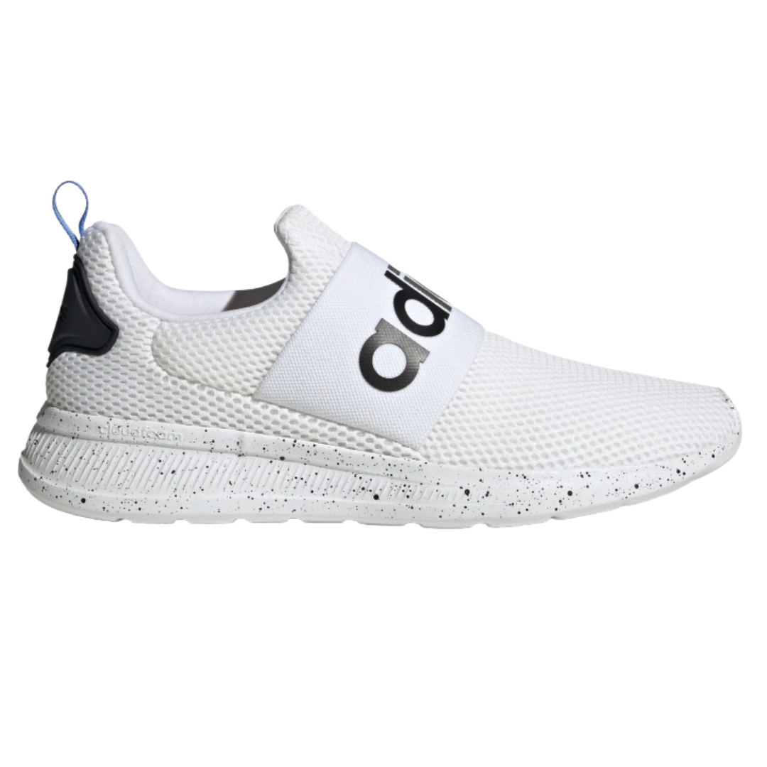 A white Adidas sneaker with a mesh upper, a black spandex strap featuring the Adidas logo, and a speckled sole.