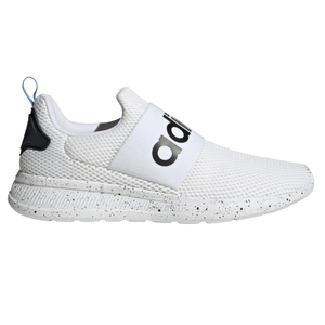 A white Adidas sneaker with a mesh upper, a black spandex strap featuring the Adidas logo, and a speckled sole.