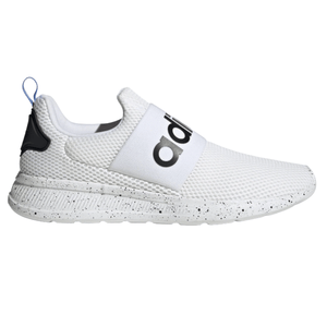 A white Adidas sneaker with a mesh upper, a black spandex strap featuring the Adidas logo, and a speckled sole.