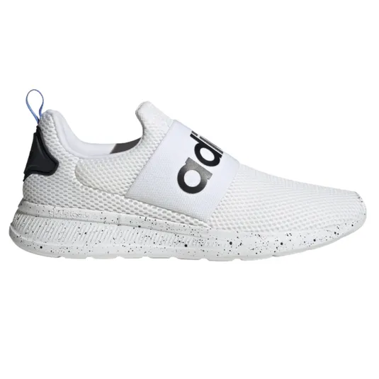 A white Adidas sneaker with a mesh upper, a black spandex strap featuring the Adidas logo, and a speckled sole.