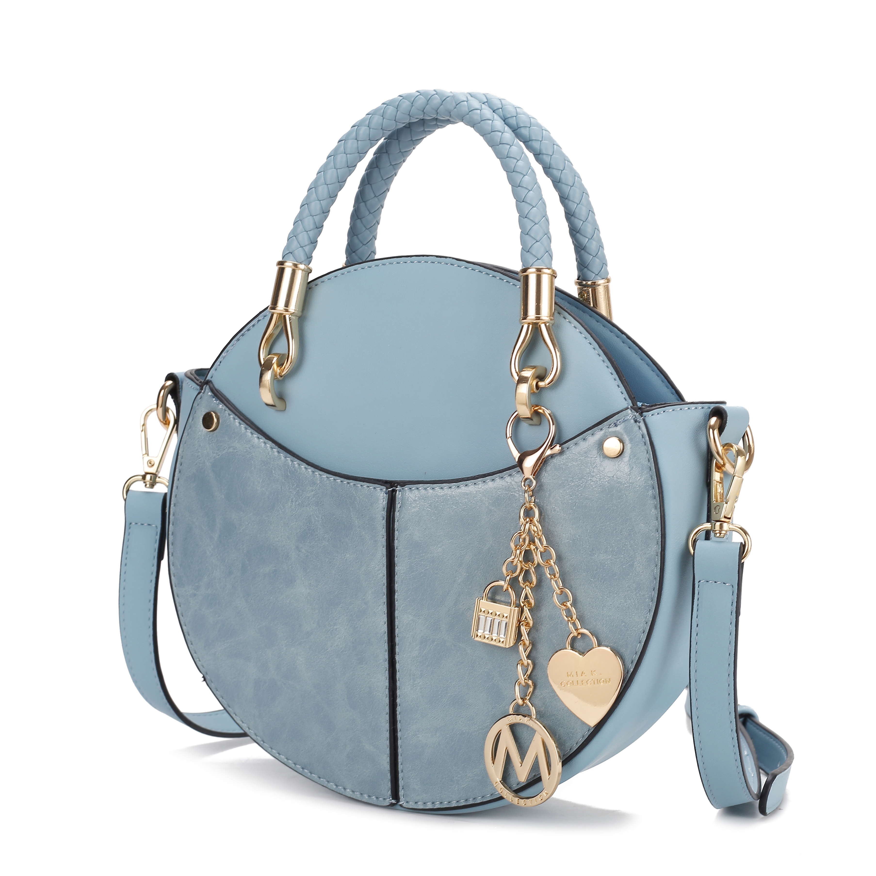 A round, blue handbag with braided handles, detachable strap, and gold hardware, adorned with gold charms.