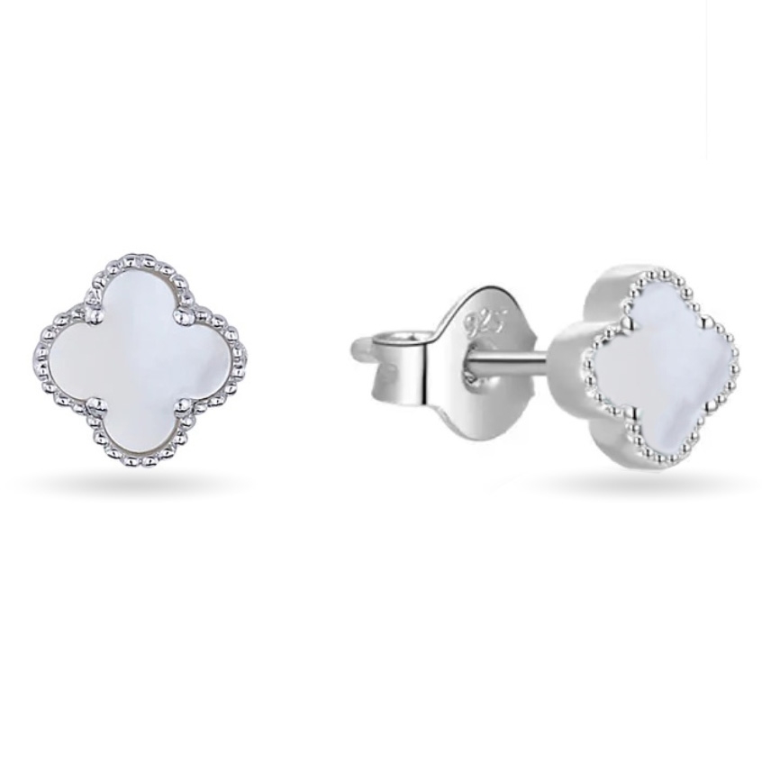 These are clover-shaped stud earrings with a white center and an outline of small diamonds, displayed from the front and side views.