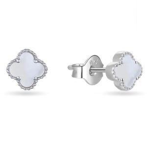 These are clover-shaped stud earrings with a white center and an outline of small diamonds, displayed from the front and side views.