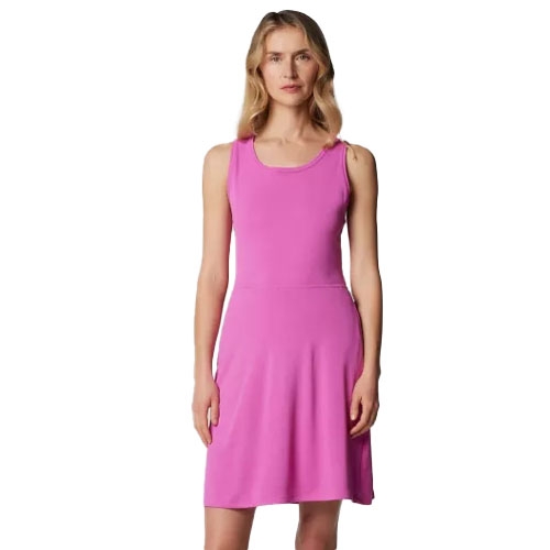 A sleeveless, bright pink dress with a scoop neckline and a knee-length, slightly flared skirt, suitable for casual or outdoor wear.