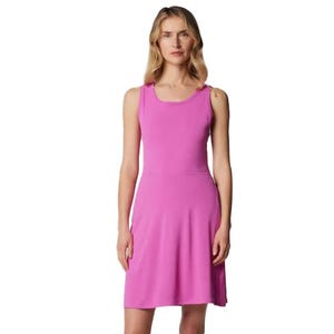 A sleeveless, bright pink dress with a scoop neckline and a knee-length, slightly flared skirt, suitable for casual or outdoor wear.