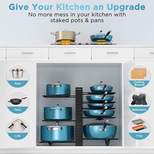 Kitchen organizer displaying stacked pots and pans on a shelf, designed to reduce mess. Surrounding icons identify items such as pots, pans, lids, cutting boards, bakeware, and trays.