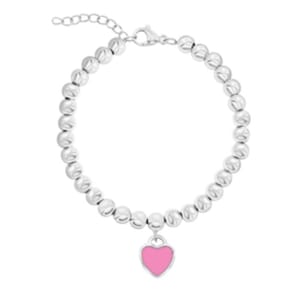 A silver beaded bracelet features a pink heart charm, secured by a lobster clasp with an adjustable chain length.