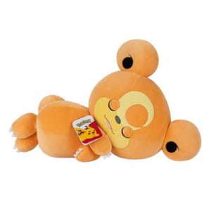 A plush toy of the Pokémon Teddiursa, featuring a round orange body with closed eyes, lying on its side. A tag with the Pokémon logo and Pikachu is attached.