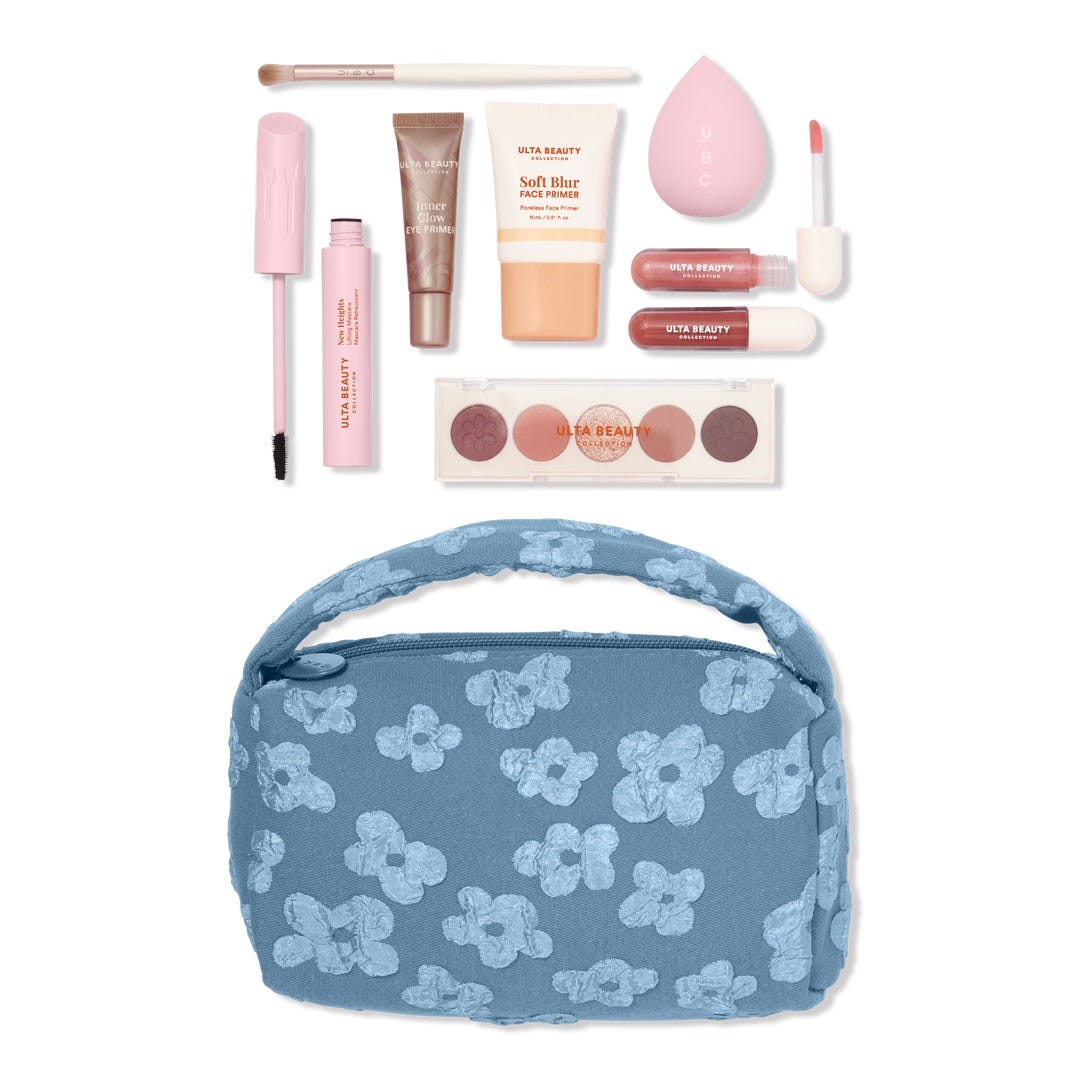 9-piece set includes: blue floral pouch, eyeshadow palette, face primer, eye primer, mascara, lip gloss, makeup sponge, lip color, and an eyeshadow brush.