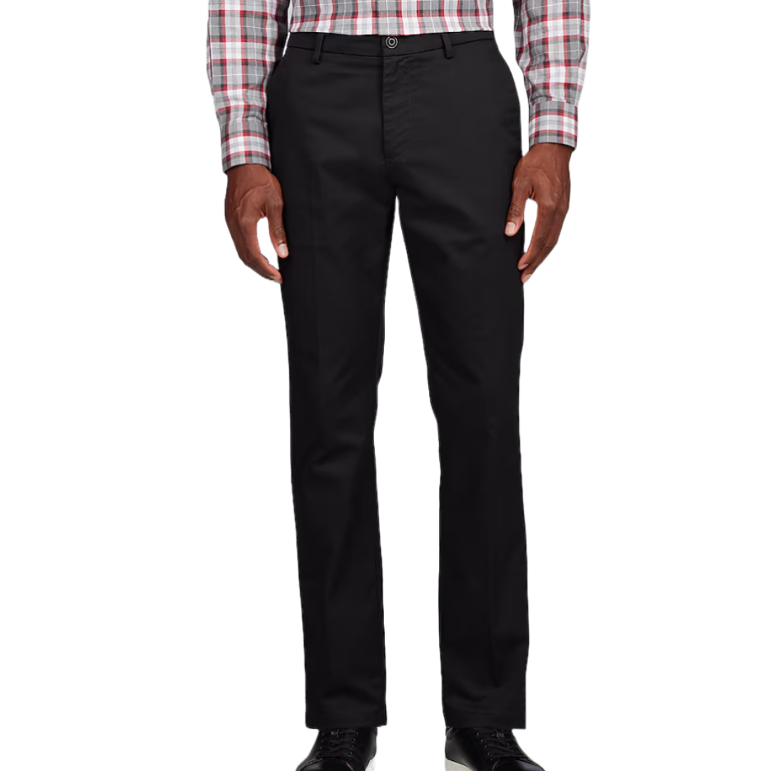 Black dress pants paired with a plaid shirt, featuring a button closure and straight-leg design.