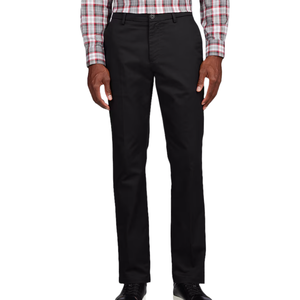 Black dress pants paired with a plaid shirt, featuring a button closure and straight-leg design.