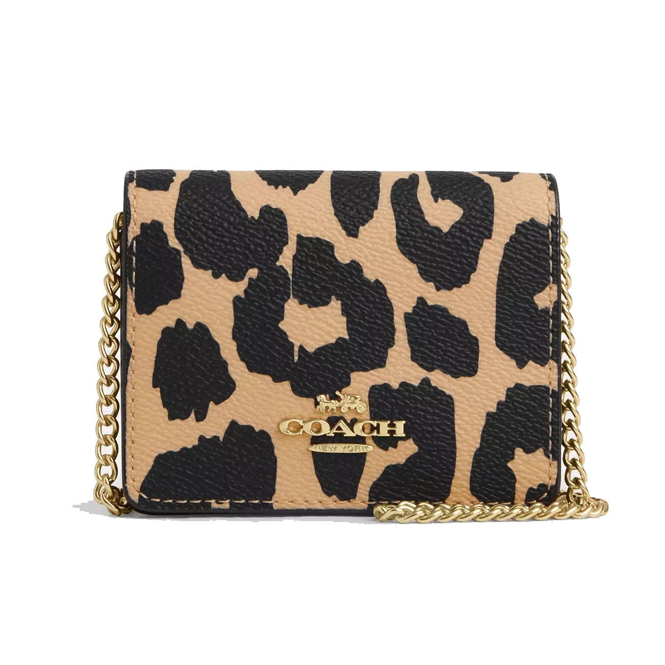 A Coach mini wallet with a chain strap showcases a leopard print design and a prominent gold-tone logo on the front.