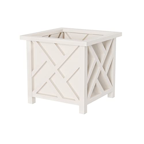 A white square planter box with geometric crisscross patterns on the sides, designed for holding plants or flowers.