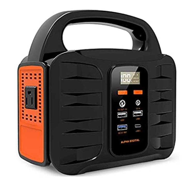 A portable power station with a black and orange casing, featuring multiple outlets including USB and AC sockets, and a digital display.