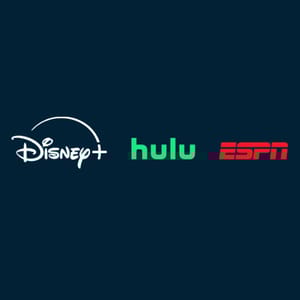 Logos for Disney+, Hulu, and ESPN are displayed on a dark background, representing streaming services for entertainment, TV shows, and sports.