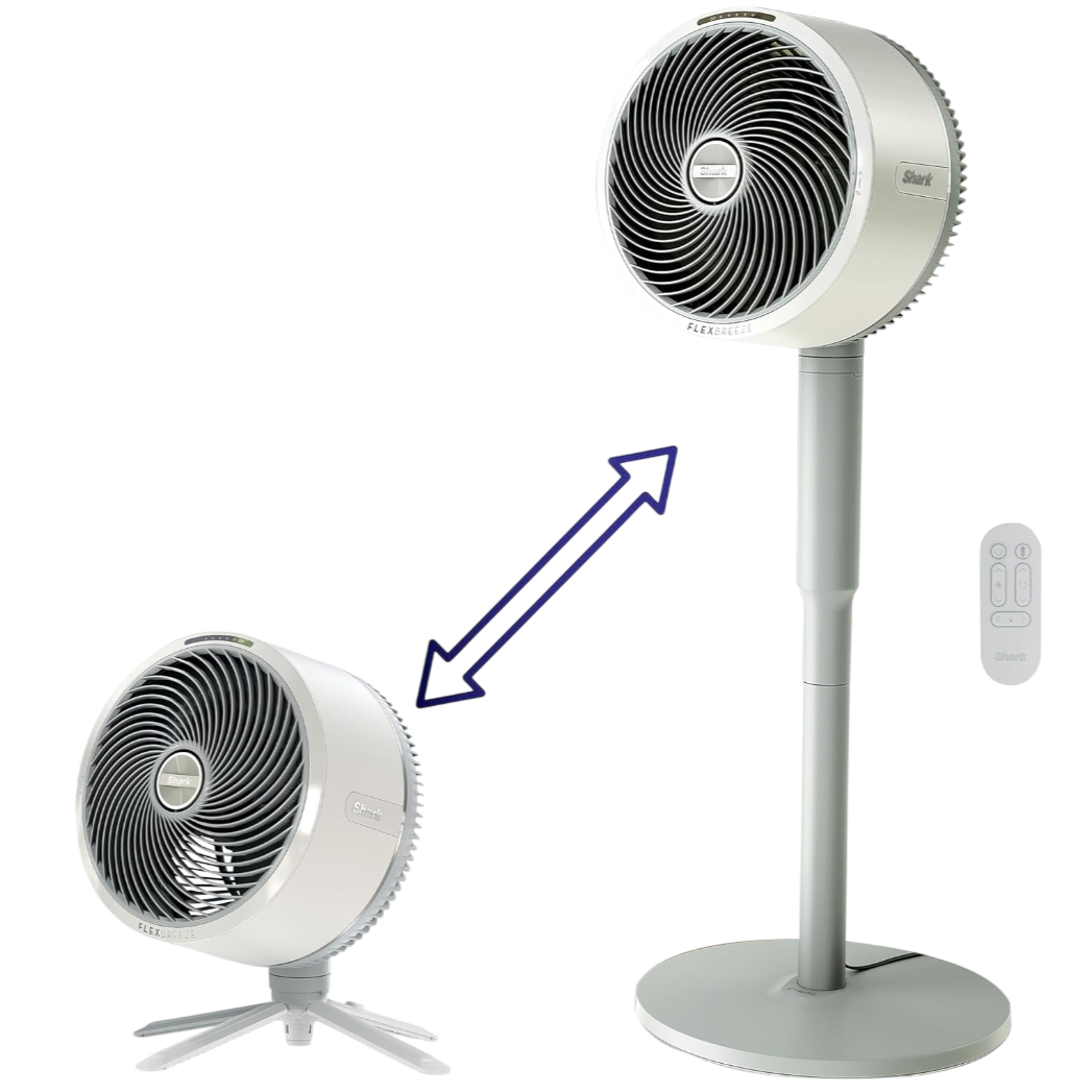 Adjustable fan with dual configurations: a tabletop model and an extended pedestal version, accompanied by a remote control.