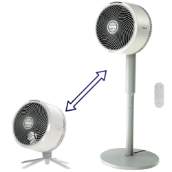 Adjustable fan with dual configurations: a tabletop model and an extended pedestal version, accompanied by a remote control.