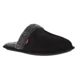 A black slipper with a soft, gray fleece lining around the opening and a small red tag on the side.