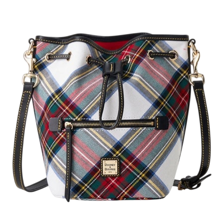 A plaid bucket bag with a drawstring closure and gold hardware, featuring a front zipper pouch and adjustable strap.
