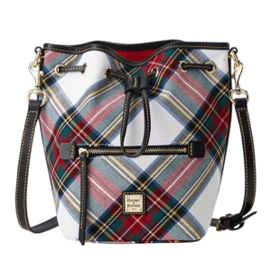 A plaid bucket bag with a drawstring closure and gold hardware, featuring a front zipper pouch and adjustable strap.