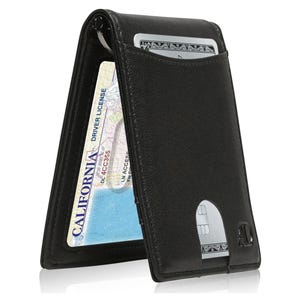 A black leather wallet with visible cards, including a California driver's license and a folded banknote.