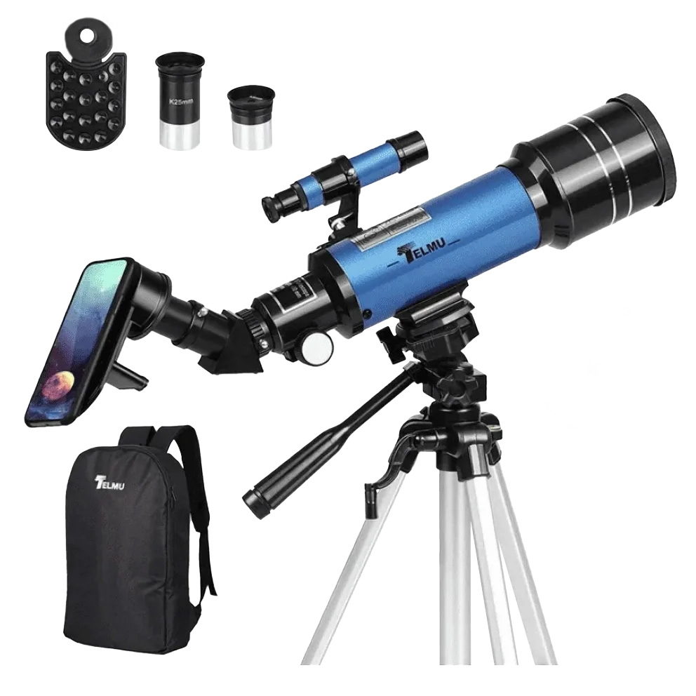 70mm portable telescope with a phone holder, tripod, two eyepieces, a finder scope, and a backpack. Ideal for stargazing and travel.