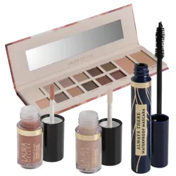 Laura Geller makeup set featuring an eyeshadow palette with various shades, two liquid eyeshadows, and a waterproof mascara.