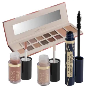 Laura Geller makeup set featuring an eyeshadow palette with various shades, two liquid eyeshadows, and a waterproof mascara.