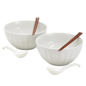 The Ceramic Ramen Bowl Set includes two large white bowls with a clean design, paired with two sets of brown chopsticks and two white ceramic spoons.