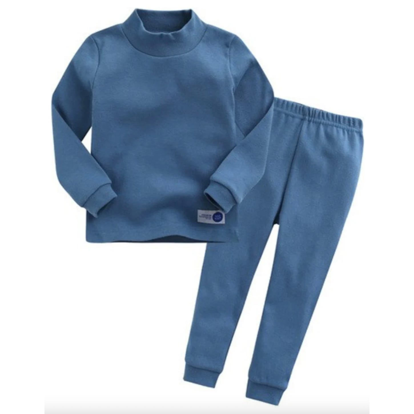 A blue fleece sweatshirt and matching pants set.