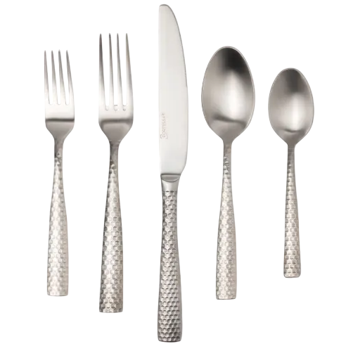 Five-piece flatware set with a textured finish, including two forks, a knife, a tablespoon, and a teaspoon.