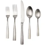 Five-piece flatware set with a textured finish, including two forks, a knife, a tablespoon, and a teaspoon.