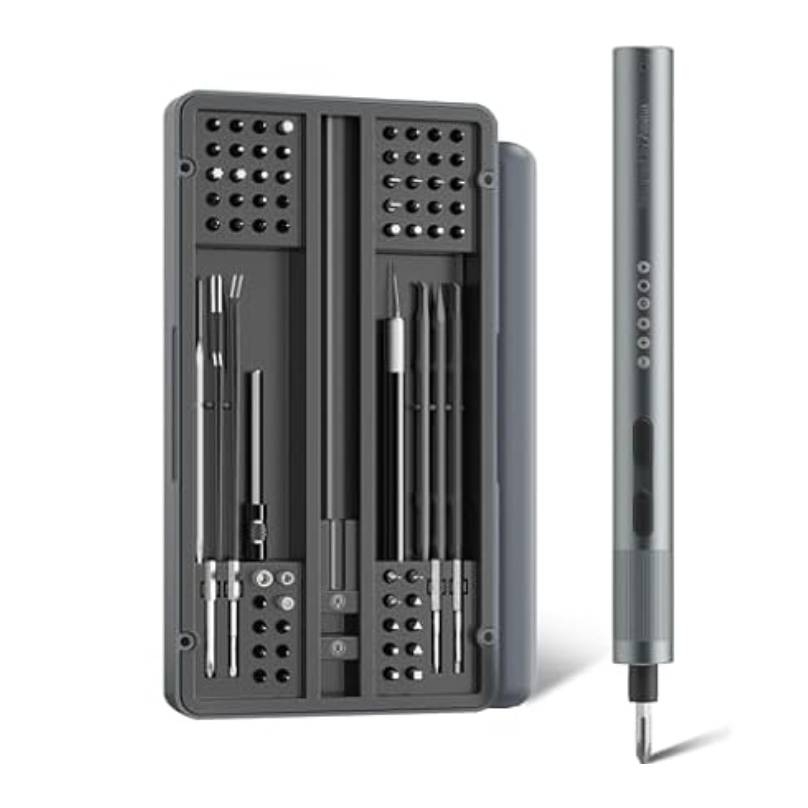A sleek electric screwdriver set featuring a compact case with multiple precision bits and a cylindrical driver with control buttons, designed for detailed electronic or small mechanical work.