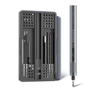 A sleek electric screwdriver set featuring a compact case with multiple precision bits and a cylindrical driver with control buttons, designed for detailed electronic or small mechanical work.