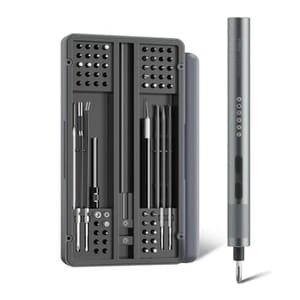 A sleek electric screwdriver set featuring a compact case with multiple precision bits and a cylindrical driver with control buttons, designed for detailed electronic or small mechanical work.