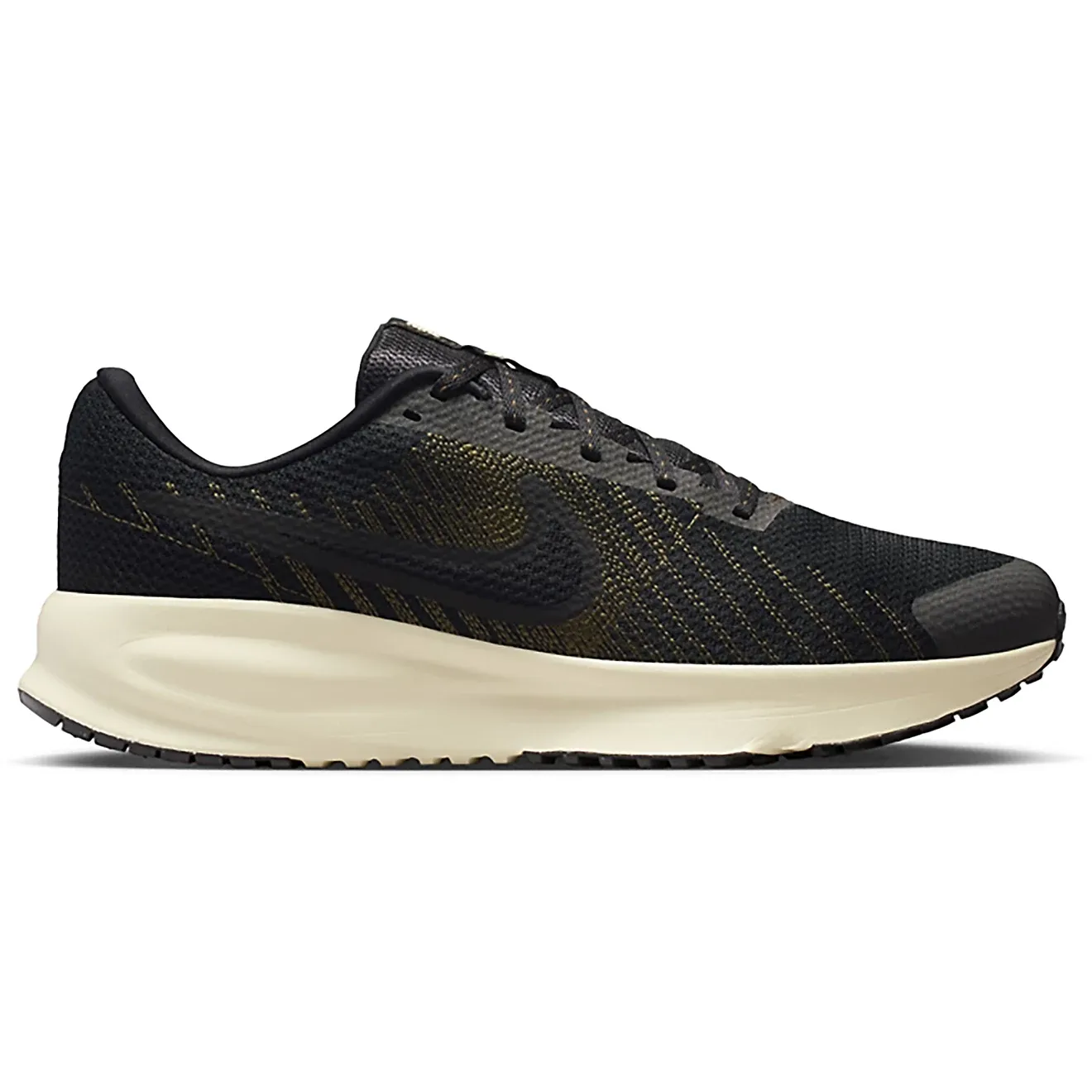 Black and gold Nike running shoe with a white sole and textured mesh upper for breathability, featuring the signature Swoosh logo on the side.