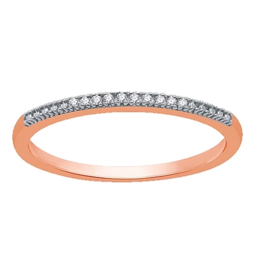 A rose gold ring featuring a slim band with a row of small, sparkling diamonds set along the top.