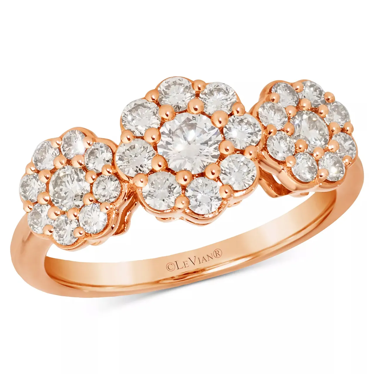 A rose gold ring features three floral clusters of diamonds, with the largest cluster at the center, crafted by Le Vian.
