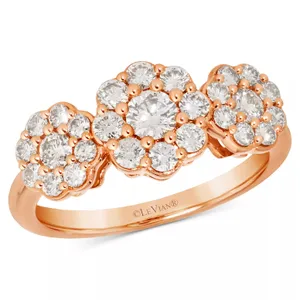 A rose gold ring features three floral clusters of diamonds, with the largest cluster at the center, crafted by Le Vian.