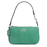 Green Coach wristlet with a silver logo, detachable strap, and signature tag.