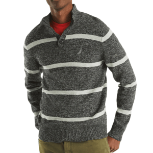 Dark gray long-sleeve Nautica sweater featuring horizontal white stripes, a stand-up button collar, and a small logo on the chest. Paired with khaki pants and a red undershirt.