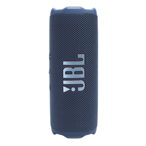 Blue JBL portable Bluetooth speaker with textured fabric exterior and visible logo.