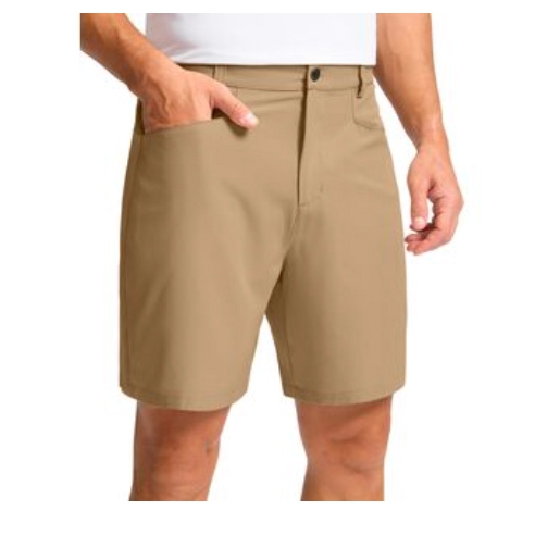 Men's stretchable shorts in khaki color feature a button closure and side pockets, offering a simple and comfortable design suitable for casual wear.
