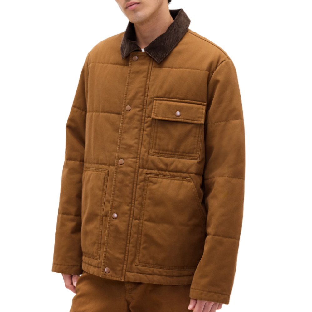 A brown quilted jacket with a button front, featuring a dark corduroy collar and multiple front pockets.