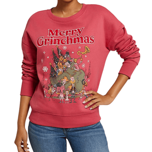 Red sweatshirt featuring a \“Merry Grinchmas\“ design with illustrations from the classic Dr. Seuss story, depicting festive characters around the Grinch.