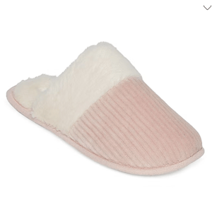 A pink slipper with a ribbed texture and a fluffy white interior lining designed for comfort and warmth.