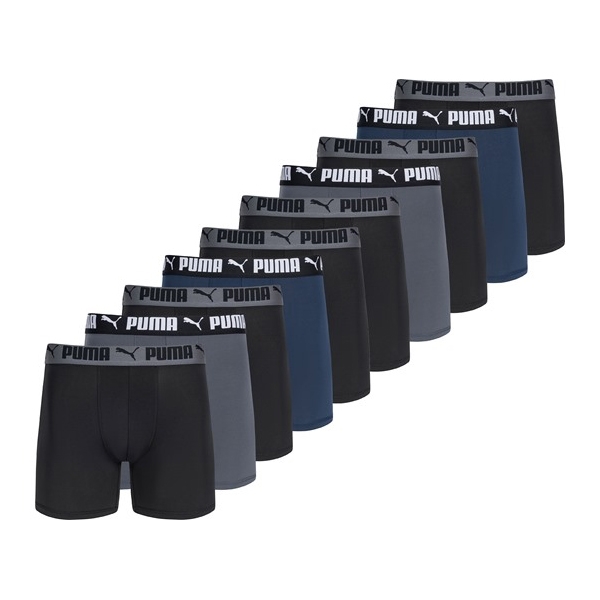 A set of men's boxer briefs in varying shades of black and grey, with a branded waistband.