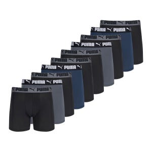 A set of men's boxer briefs in varying shades of black and grey, with a branded waistband.