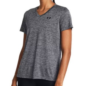 Gray V-neck short-sleeve T-shirt with a subtle heather pattern and a small logo on the chest.