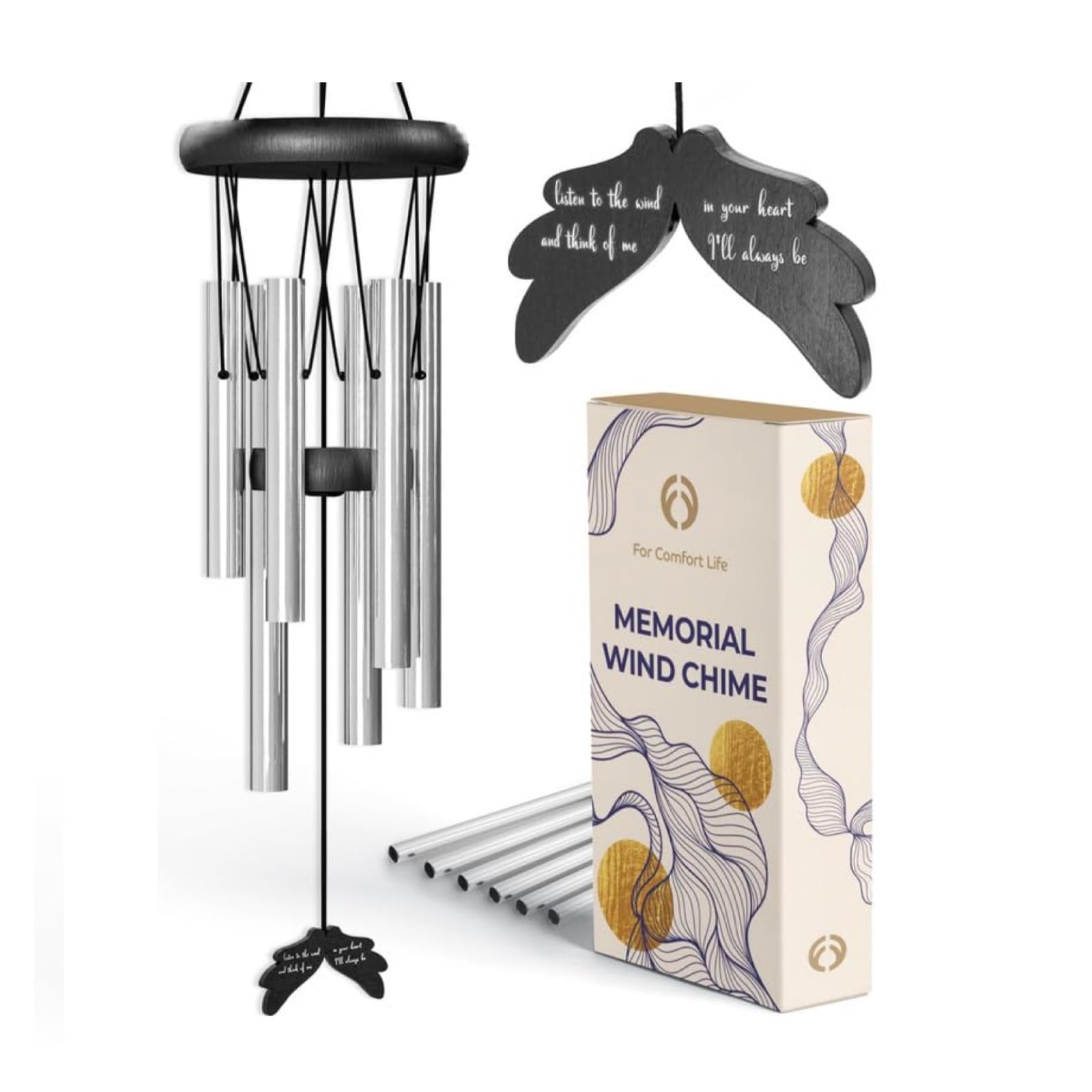 A memorial wind chime with metal tubes, a wooden top, and two black butterfly-shaped pendants with inscriptions, accompanied by a patterned box.